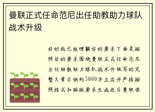 曼联正式任命范尼出任助教助力球队战术升级 曼联正式任命范尼出任助教助力球队战术升级